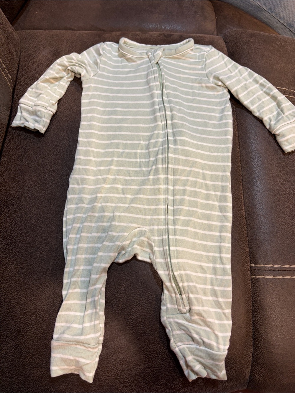 Carter's Light Sage Green and White Striped Zip One-Piece Footie